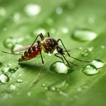 Primo piano estremo di una zanzara Aedes su una foglia umida in un ambiente urbano cinese sfocato sullo sfondo, dopo una pioggia. Macro lens, 105mm, high detail, precise focusing, gocce d'acqua visibili sulla foglia e sulla zanzara.
