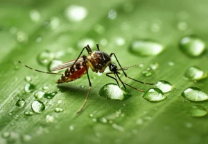 Primo piano estremo di una zanzara Aedes su una foglia umida in un ambiente urbano cinese sfocato sullo sfondo, dopo una pioggia. Macro lens, 105mm, high detail, precise focusing, gocce d'acqua visibili sulla foglia e sulla zanzara.