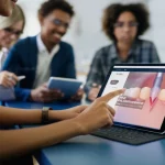 Studenti di odontoiatria in un ambiente di apprendimento moderno e interattivo, che utilizzano tablet e discutono attivamente. Primo piano su un tablet che mostra un'interfaccia SPOC sull'adesione dentale, obiettivo da 35mm, profondità di campo, luce controllata, stile cinematografico con colori vivaci.