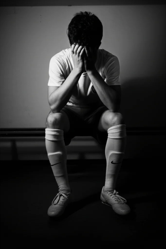 Un giovane atleta adolescente, forse un calciatore, siede da solo su una panchina in uno spogliatoio poco illuminato, il volto parzialmente nascosto dalle mani, trasmettendo un senso di profonda tristezza e pressione. L'immagine è in bianco e nero, con un obiettivo da 35mm per un ritratto intimo, utilizzando la tecnica del film noir per accentuare le ombre e il dramma emotivo, con una profondità di campo ridotta per isolare il soggetto dallo sfondo.