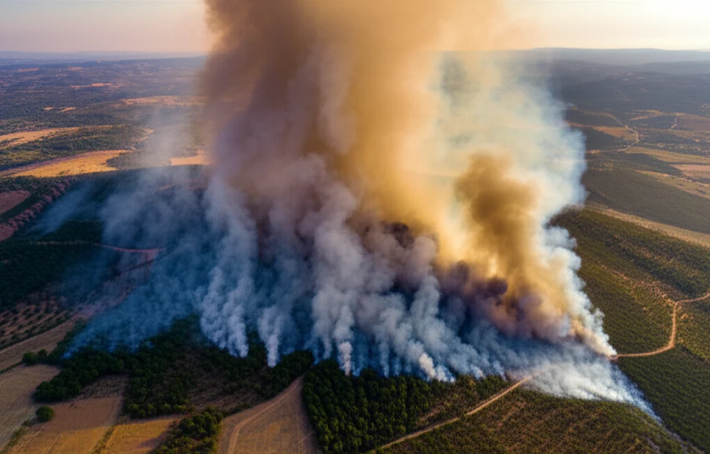 Vista aerea drammatica di un incendio boschivo nella Penisola Iberica, con fumo denso che si alza da una foresta vicino a terreni agricoli. Obiettivo zoom teleobiettivo 200mm, luce del tardo pomeriggio che crea lunghe ombre, tracciamento del movimento del fumo.