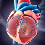 Visualizzazione 3D fotorealistica di un cuore umano ingrossato (ipertrofia cardiaca) con in evidenza la proteina QRICH1 che interagisce con il DNA nel nucleo di un cardiomiocita. Obiettivo macro 90mm, illuminazione drammatica per enfatizzare la patologia, alta definizione dei dettagli cellulari.