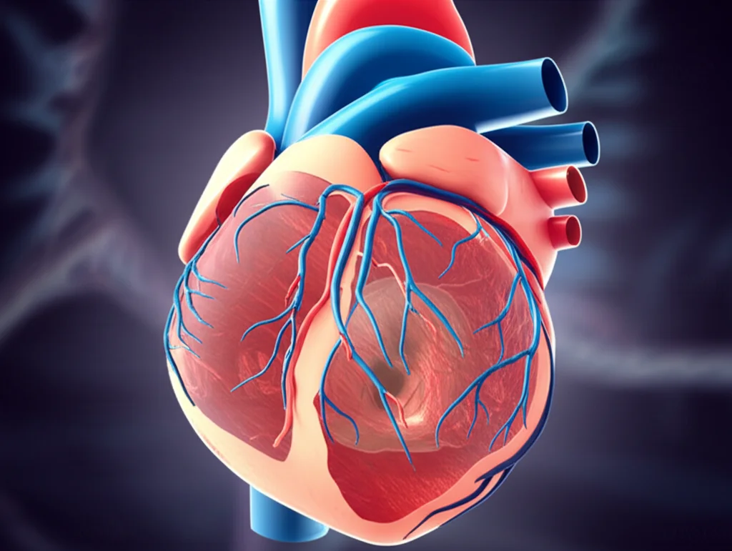 Visualizzazione 3D fotorealistica di un cuore umano ingrossato (ipertrofia cardiaca) con in evidenza la proteina QRICH1 che interagisce con il DNA nel nucleo di un cardiomiocita. Obiettivo macro 90mm, illuminazione drammatica per enfatizzare la patologia, alta definizione dei dettagli cellulari.