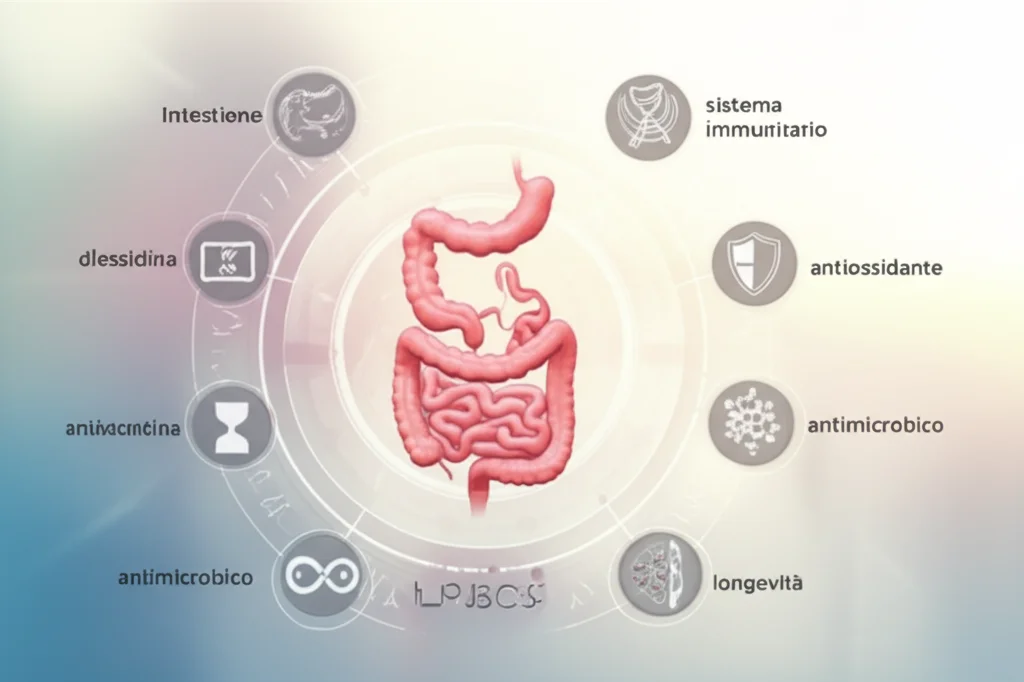 Immagine concettuale che mostra il batterio LPJBC5 al centro, circondato da icone che rappresentano i suoi benefici: digestione (intestino), sistema immunitario (scudo), antiossidante (molecola anti-ROS), antimicrobico (batteriocina stilizzata), longevità (clessidra/simbolo infinito). Sfondo sfumato e luminoso.