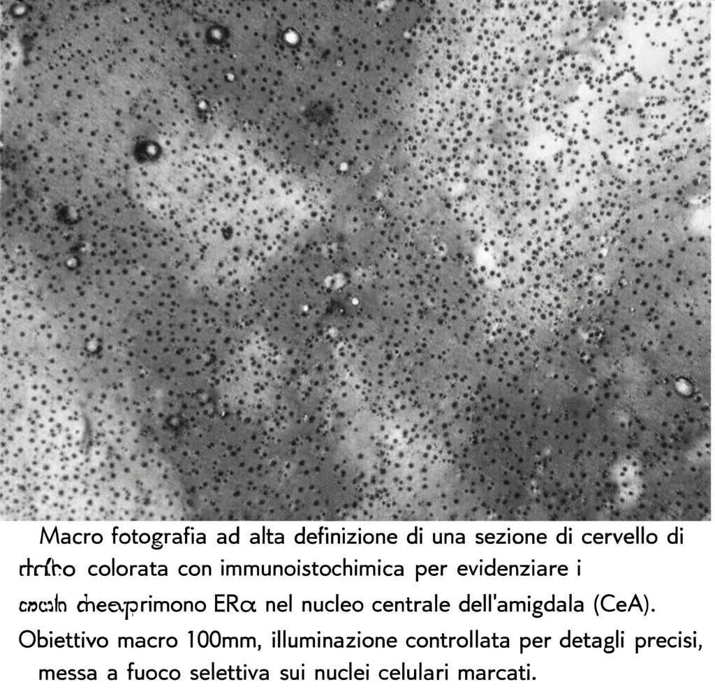 Macro fotografia ad alta definizione di una sezione di cervello di ratto colorata con immunoistochimica per evidenziare i neuroni che esprimono ERα nel nucleo centrale dell'amigdala (CeA). Obiettivo macro 100mm, illuminazione controllata per dettagli precisi, messa a fuoco selettiva sui nuclei cellulari marcati.