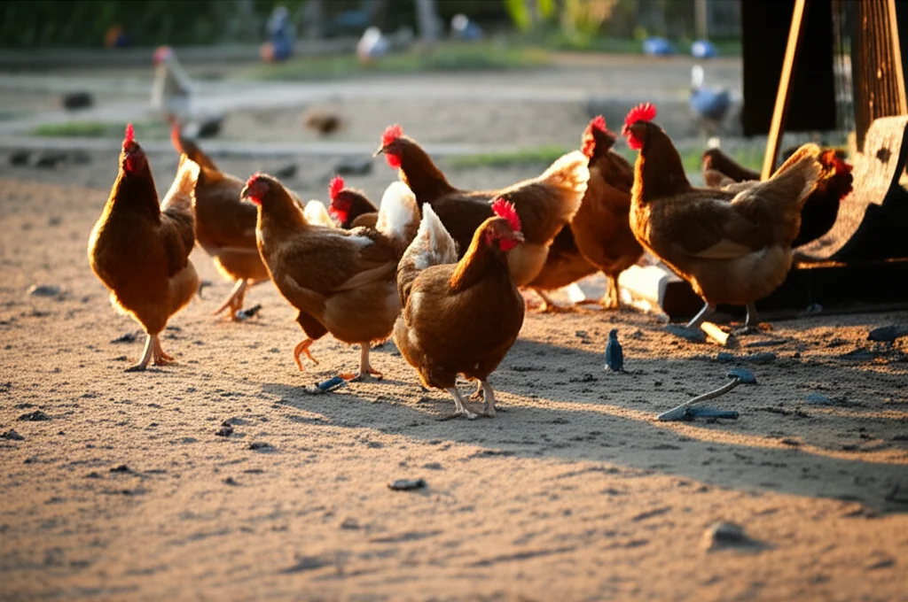 Fotografia realistica di polli che razzolano in un cortile rurale in Vietnam, luce naturale del tardo pomeriggio, possibile presenza sfocata di scarafaggi sul terreno vicino a una mangiatoia, obiettivo zoom 35mm, profondità di campo ridotta.