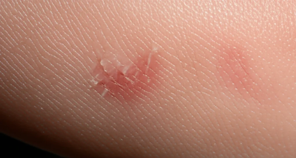 Primo piano di una lesione cutanea serpiginosa rossastra su pelle umana chiara, indicativa di larva migrans cutanea, illuminazione clinica diffusa, obiettivo macro 60mm, alta definizione dei dettagli della pelle e del tracciato.