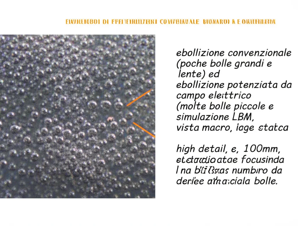 Confronto fianco a fianco tra ebollizione convenzionale (poche bolle grandi e lente) ed ebollizione potenziata da campo elettrico (molte bolle piccole e rapide), simulazione LBM, vista macro, 100mm, high detail, precise focusing, evidenziando la differenza nel numero e dimensione delle bolle.