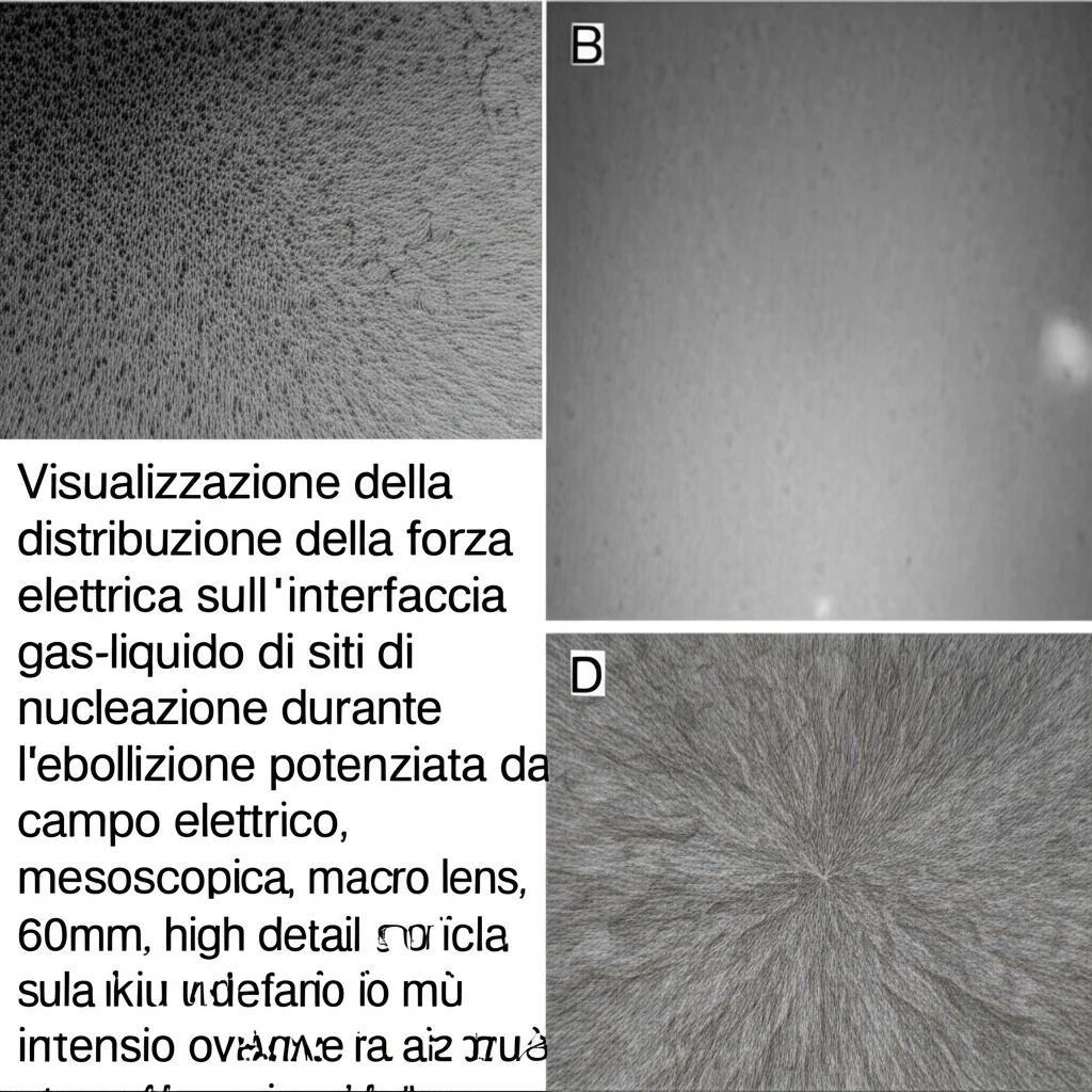 Visualizzazione della distribuzione della forza elettrica sull'interfaccia gas-liquido di siti di nucleazione durante l'ebollizione potenziata da campo elettrico, simulazione mesoscopica, macro lens, 60mm, high detail, focus sulla linea di contatto tripla dove la forza è più intensa e compressiva.