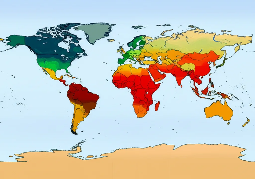 Mappa del mondo stilizzata con diverse sfumature di colore che indicano livelli variabili di sofferenza nei paesi, fotografia grandangolare, 15mm, messa a fuoco nitida, colori tenui ma contrastanti per evidenziare le differenze tra nazioni.