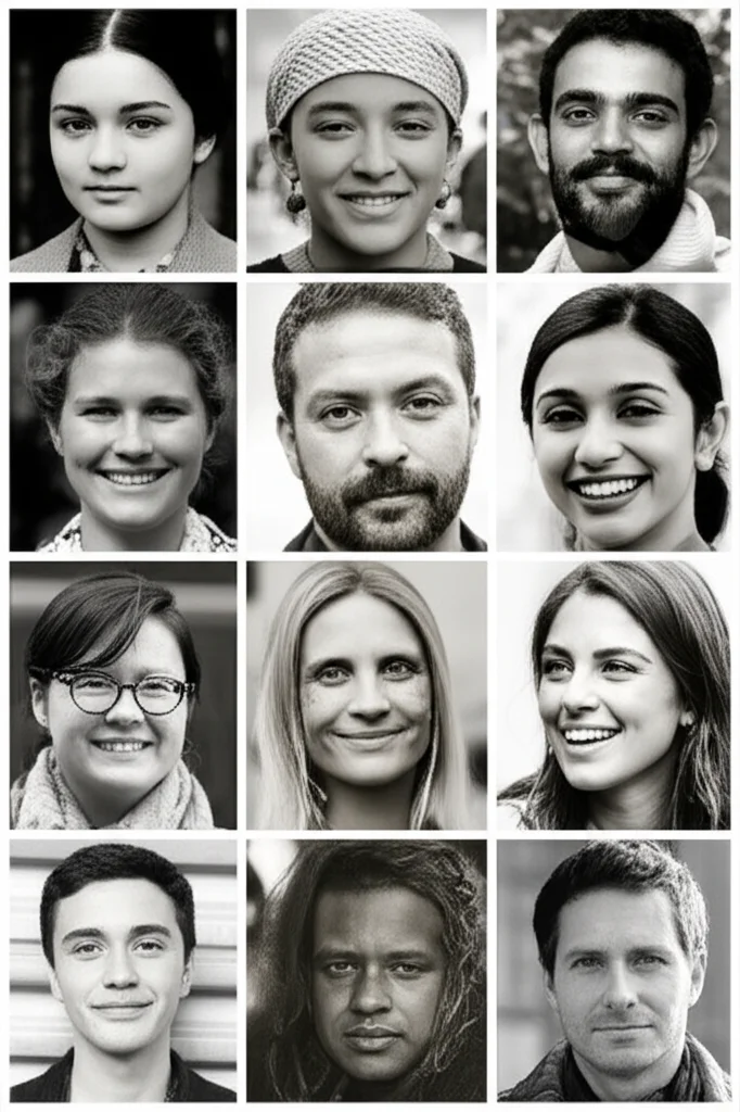 Collage di ritratti fotografici di persone diverse per età, etnia e contesto socio-economico, provenienti da varie parti del mondo, obiettivo 35mm, profondità di campo, bianco e nero con leggeri toni seppia per un effetto empatico e universale.