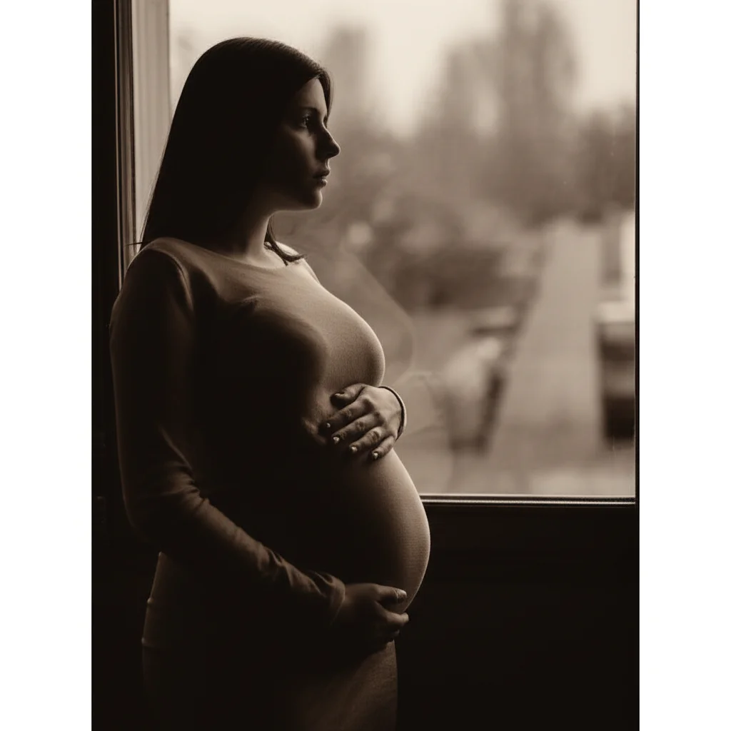 Una donna incinta, di profilo, guarda con espressione pensierosa fuori da una finestra in una giornata uggiosa. Stile ritratto 35mm, toni duotone seppia e grigio per evocare introspezione e leggera preoccupazione. Profondità di campo che sfoca lo sfondo.