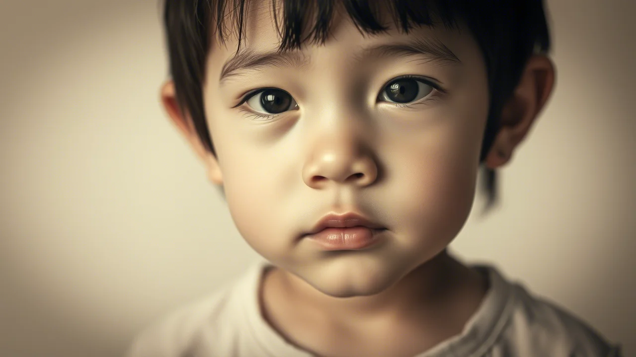 Ritratto fotografico discreto e rispettoso di un bambino con caratteristiche facciali suggestive della sindrome di Noonan (ipertelorismo, orecchie a basso impianto), senza mostrare il volto completo per privacy. Lente prime 35mm, profondità di campo ridotta, toni duo seppia e grigio per un'atmosfera delicata.