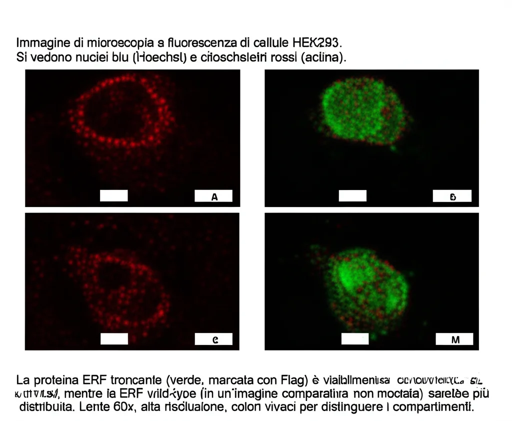 Immagine di microscopia a fluorescenza di cellule HEK293. Si vedono nuclei blu (Hoechst) e citoscheletri rossi (actina). La proteina ERF troncante (verde, marcata con Flag) è visibilmente concentrata nei nuclei, mentre la ERF wild-type (in un'immagine comparativa non mostrata) sarebbe più distribuita. Lente 60x, alta risoluzione, colori vivaci per distinguere i compartimenti.