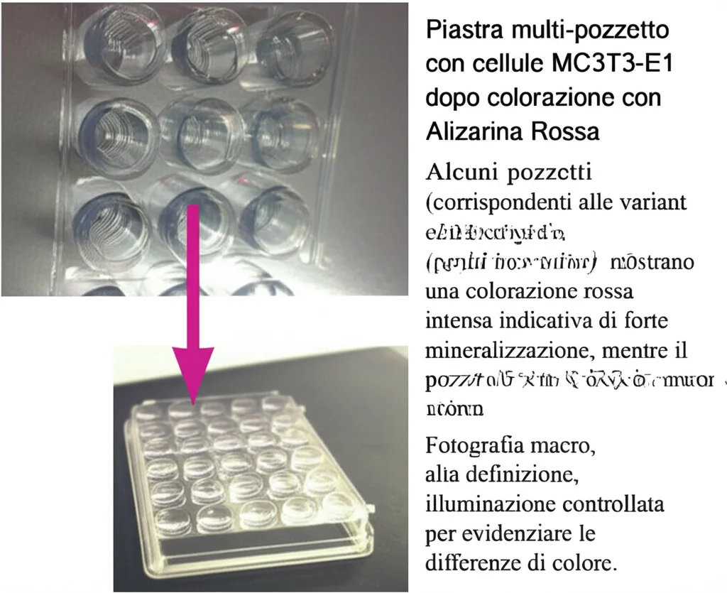 Piastra multi-pozzetto con cellule MC3T3-E1 dopo colorazione con Alizarina Rossa. Alcuni pozzetti (corrispondenti alle varianti ERF patogeniche) mostrano una colorazione rossa intensa indicativa di forte mineralizzazione, mentre il pozzetto con ERF wild-type è meno colorato. Fotografia macro, alta definizione, illuminazione controllata per evidenziare le differenze di colore.