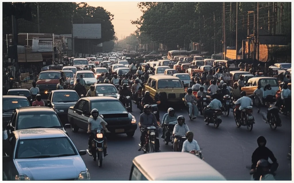 Fotografia realistica di una strada trafficata in una metropoli indiana al tramonto, auto e moto bloccate nel traffico, persone stressate sui marciapiedi. Obiettivo zoom 35mm, stile film noir, profondità di campo accentuata.