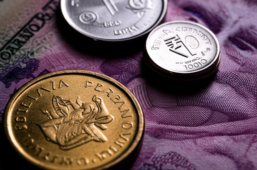 Primo piano macro di monete e banconote indiane sparse su una bolletta o un documento finanziario, illuminazione controllata per evidenziare i dettagli, obiettivo macro 100mm, alta definizione.