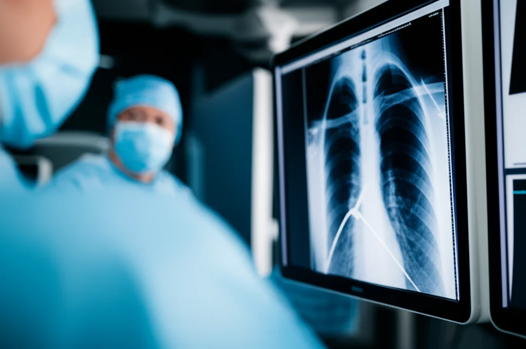 Immagine fotorealistica di una sala di angiografia moderna e high-tech, vista dall'angolazione dell'operatore. In primo piano, uno schermo mostra un'immagine a raggi X pre-contrasto del torace, con il catetere appena visibile vicino al cuore. L'illuminazione è controllata, tipica di un ambiente medico, con riflessi metallici sulle apparecchiature. Obiettivo prime, 35mm, profondità di campo ridotta per focalizzare sullo schermo.