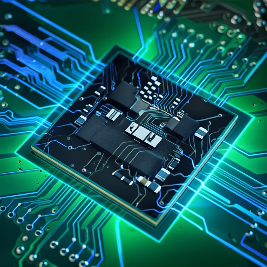 Fotografia macro, obiettivo 90mm, di un chip di intelligenza artificiale montato su un circuito stampato complesso. Linee luminose blu e verdi simulano il flusso di dati multimodali (immagini e angolazioni) che convergono sul chip. Illuminazione controllata e drammatica per evidenziare i dettagli high-tech e la precisione della messa a fuoco.