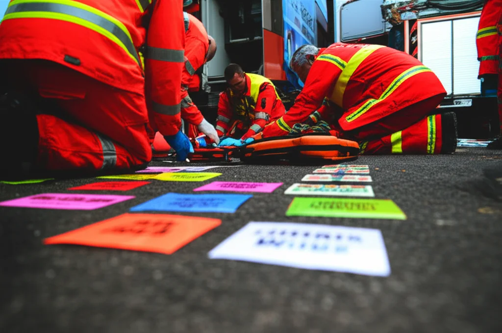Fotografia realistica di personale paramedico tedesco durante un'esercitazione di triage in uno scenario simulato di incidente di massa. Macro lens, 85mm, alta definizione, illuminazione controllata per evidenziare le schede di triage colorate e l'attrezzatura medica sparsa a terra.