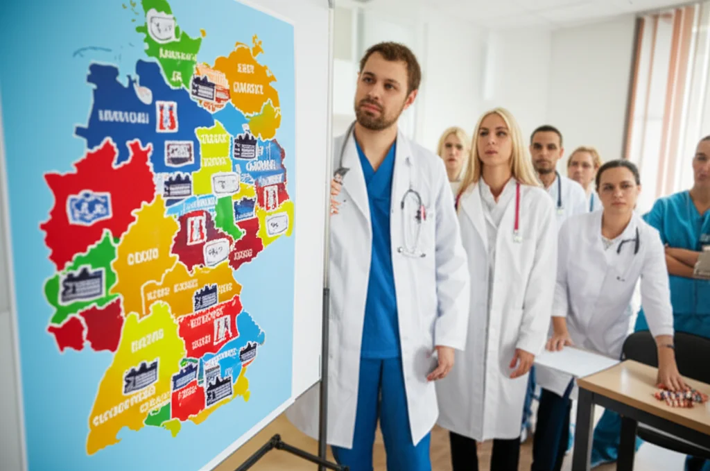 Immagine fotorealistica che mostra una mappa stilizzata della Germania con diverse icone colorate che rappresentano vari algoritmi di triage sparsi in modo non uniforme. Accanto, un gruppo eterogeneo di soccorritori (paramedici, medici) in una sala di formazione, alcuni attenti, altri perplessi. Obiettivo grandangolare, 24mm, profondità di campo per includere sia la mappa che le persone, luce da finestra laterale.