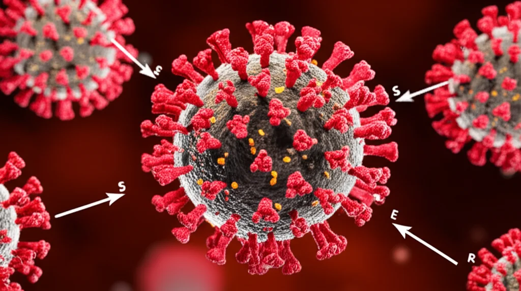 Visualizzazione astratta del virus del morbillo con particelle rosse brillanti, con sovrapposti i quattro compartimenti schematici del modello SEIR (S, E, I, R) collegati da frecce, fotografia macro, obiettivo 80mm, illuminazione laterale controllata per enfatizzare la struttura del virus e la chiarezza dei compartimenti, high detail.