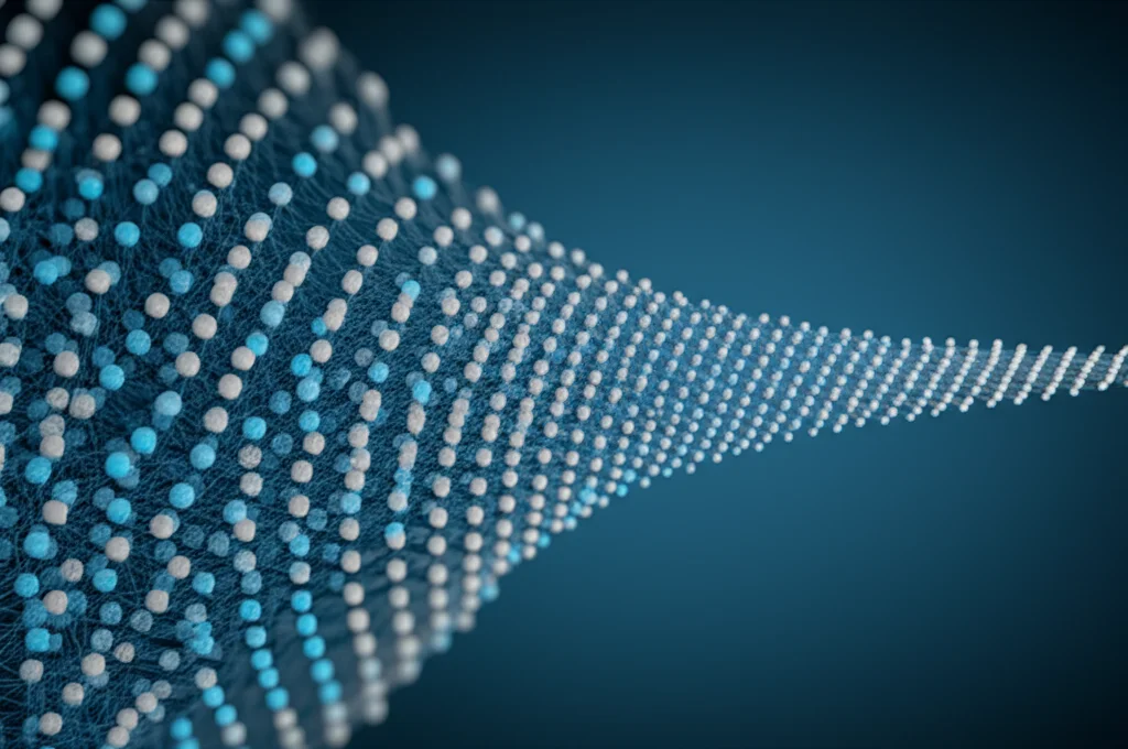 Diagramma astratto che illustra il concetto di riduzione degli stati in una catena di Markov: una matrice complessa a sinistra si semplifica progressivamente verso destra diventando una matrice più piccola, visualizzazione grafica 3D, obiettivo 35mm prime, profondità di campo ridotta per focalizzare sulla trasformazione, colori duotone blu e grigio.