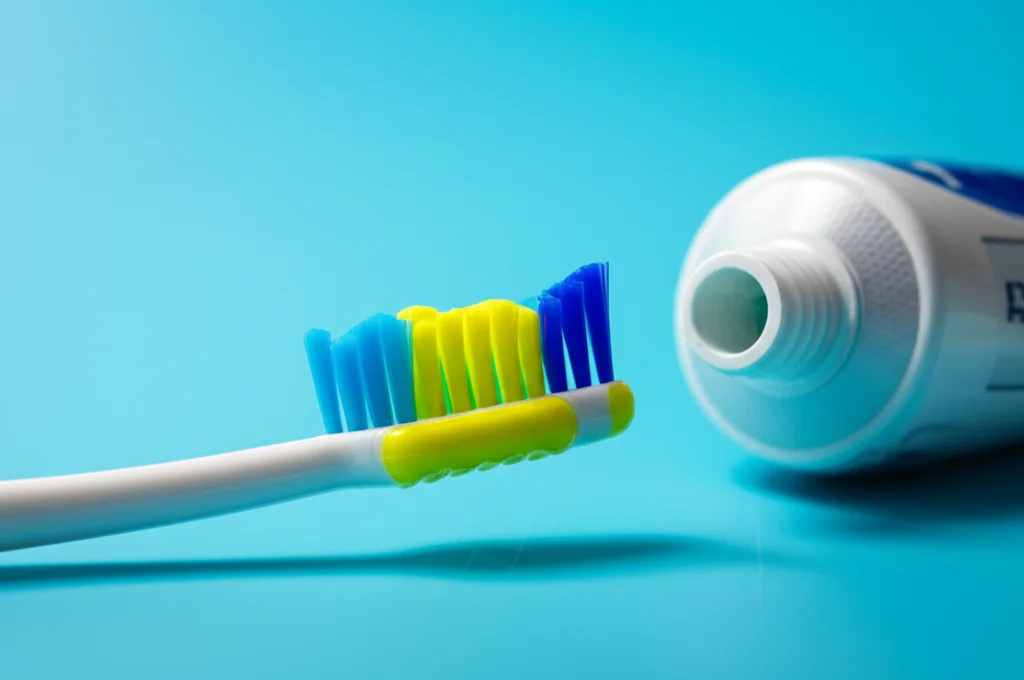 Primo piano macro di uno spazzolino da denti per bambini colorato appoggiato su un tubetto di dentifricio al fluoro, illuminazione controllata e precisa, alta definizione dei dettagli, lente macro 80mm.