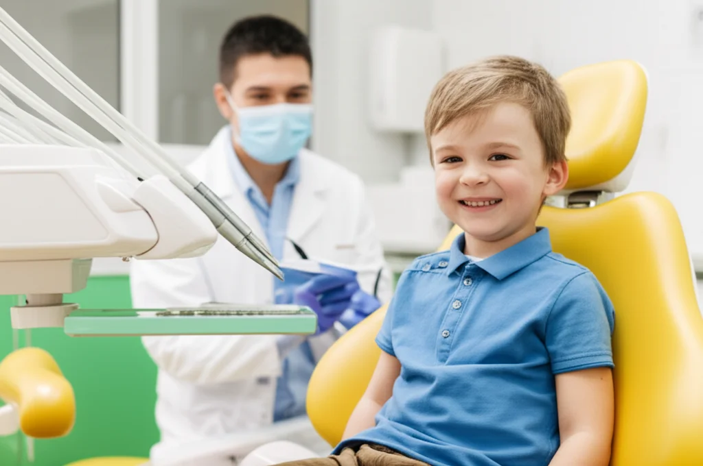 Ritratto di un bambino piccolo di circa 4 anni, seduto sereno e sorridente sulla poltrona di uno studio dentistico pediatrico moderno e colorato. Il dentista, anch'esso sorridente, è visibile sfocato sullo sfondo. Lente 35mm, profondità di campo ridotta per isolare il soggetto.