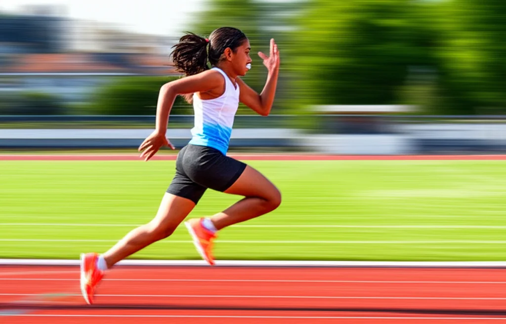 Foto dinamica di una bambina che corre felice su un campo sportivo indossando un paradenti protettivo ben visibile, scatto in movimento con effetto panning, teleobiettivo 200mm, alta velocità dell'otturatore per congelare l'azione.
