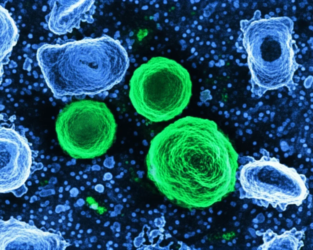 Vista microscopica, alto dettaglio, messa a fuoco precisa, di macrofagi alveolari nel tessuto polmonare, alcuni appaiono attivati (più grandi, forma irregolare) vicino a particelle del virus dell'influenza (rappresentate astrattamente), illuminati con marcatori fluorescenti sotto illuminazione controllata. Duotone blu e verde.