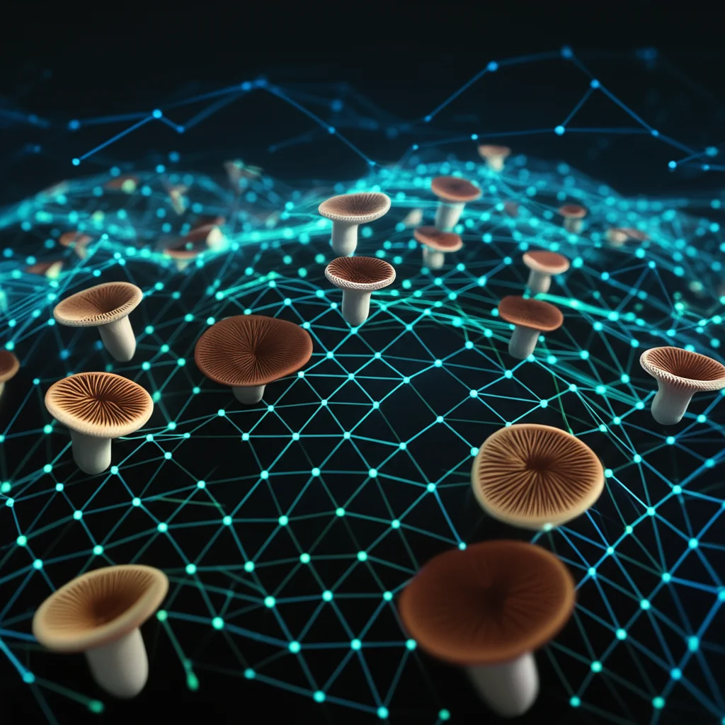 Visualizzazione astratta high-tech di una rete neurale Mamba-YOLO che analizza funghi Shiitake, con flussi di dati luminosi blu e verdi e nodi interconnessi.
