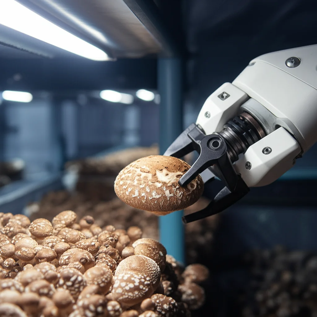Braccio robotico high-tech con una pinza delicata che raccoglie con precisione un fungo Shiitake maturo in una fungaia moderna e pulita, messa a fuoco sul fungo e sulla pinza, obiettivo 50mm, profondità di campo.