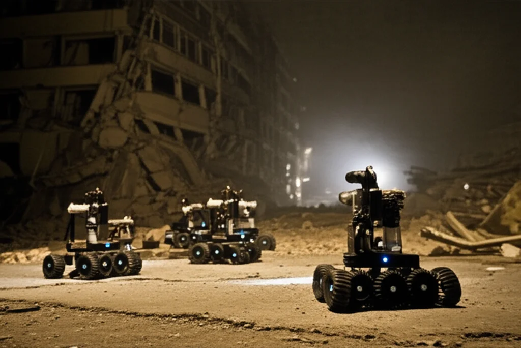 Foto grandangolare, scattata con obiettivo 15mm, di un gruppo di piccoli robot autonomi (simili a 'Scouts') che navigano coordinati tra le macerie di un edificio urbano parzialmente crollato. Luce ambientale drammatica, polvere nell'aria, messa a fuoco nitida sull'azione dei robot, long exposure per catturare scie luminose del loro movimento, evidenziando la sfida della coordinazione in ambienti complessi.