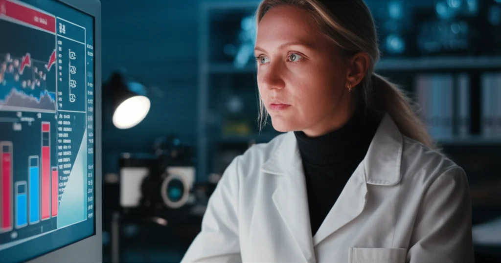 Ritratto di una ricercatrice, circa 30 anni, in un laboratorio avanzato di robotica. Sta osservando con sguardo concentrato e pensieroso uno schermo che mostra grafici complessi di simulazione della schedulazione di risorse. Obiettivo prime 35mm, profondità di campo ridotta per focalizzare l'attenzione sulla ricercatrice. Illuminazione stile film noir, con forti contrasti tra luci e ombre, suggerendo la complessità intellettuale del lavoro.