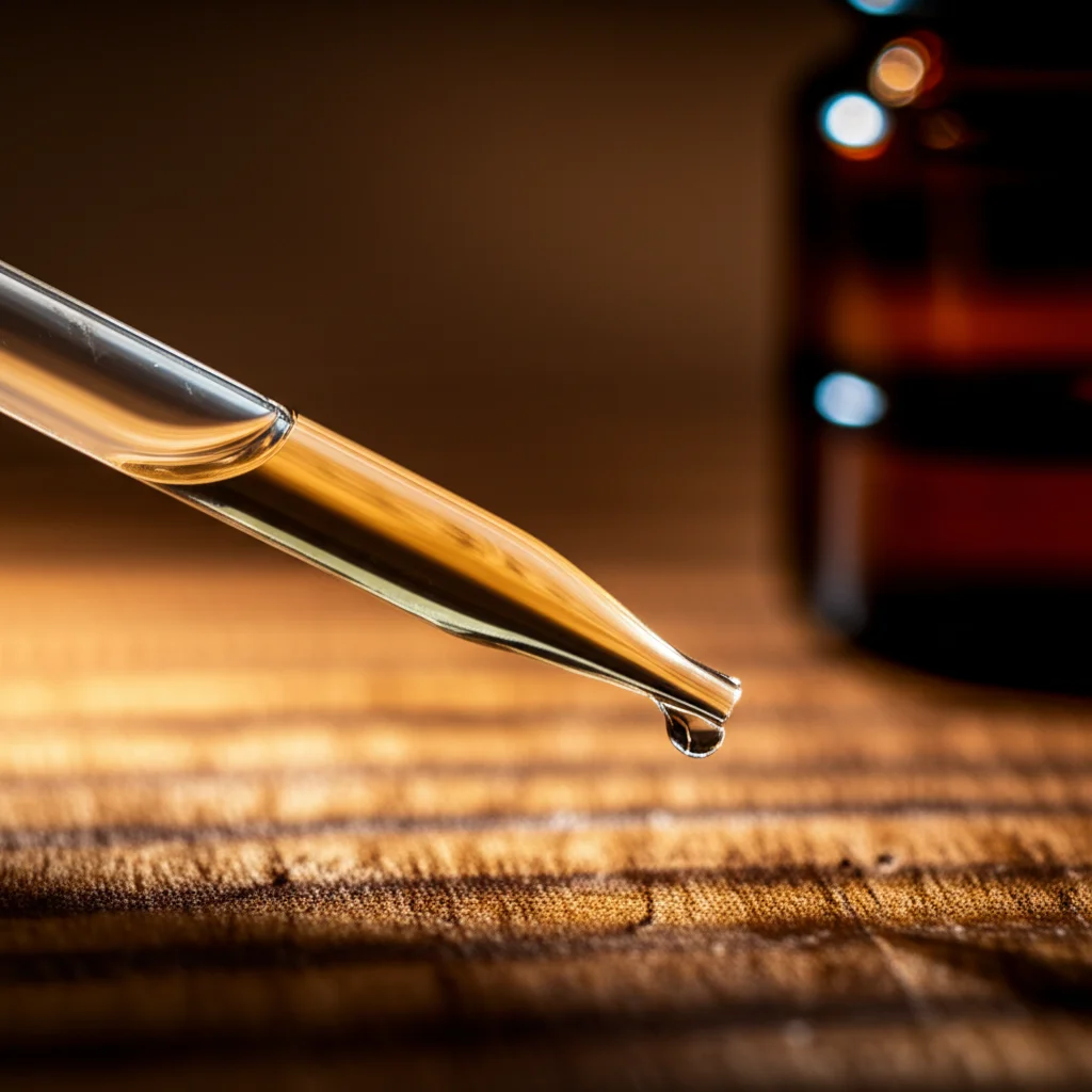 Primo piano macro di un flaconcino di collirio all'atropina a bassa concentrazione appoggiato su un tavolo di legno chiaro, con luce controllata e messa a fuoco precisa sul contagocce. Macro lens, 60mm, high detail, precise focusing.