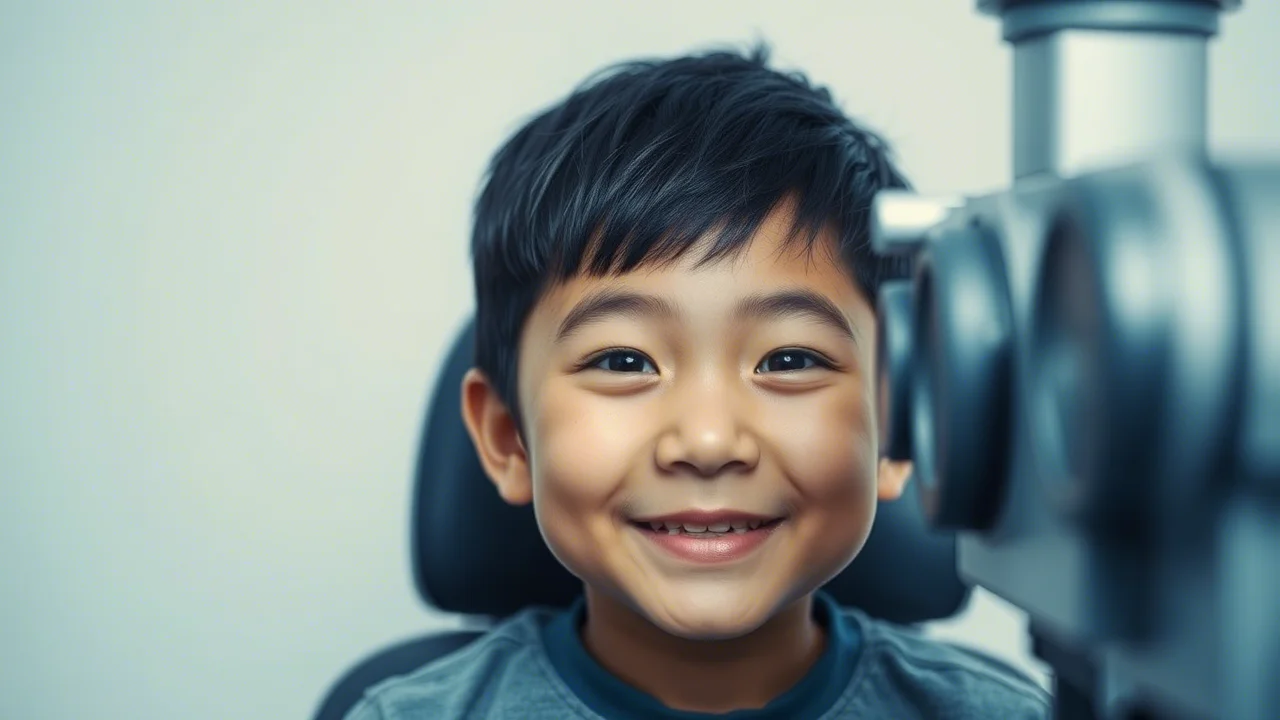 Ritratto di un bambino asiatico di 8 anni sorridente che guarda attraverso un forottero durante una visita oculistica, luce morbida da studio. Prime lens, 35mm, depth of field, duotone blu e grigio.