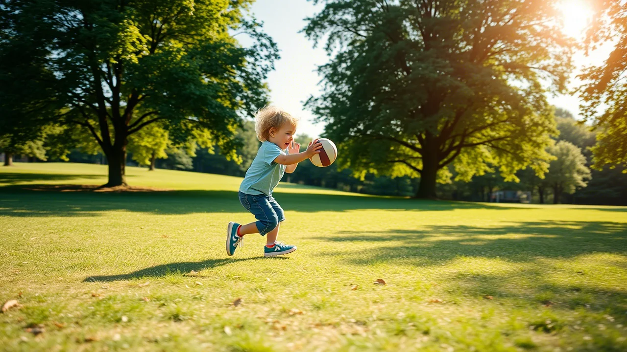 Bambino che gioca a palla all'aperto in un parco verde sotto il sole, immagine catturata con teleobiettivo zoom 100mm, fast shutter speed per congelare il movimento, action tracking.
