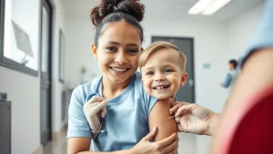Bambino omanita sorridente riceve una vaccinazione da un'infermiera in una clinica pulita e moderna, obiettivo da ritratto 35mm, luce naturale brillante, focus sulla professionalità e l'ambiente accogliente.