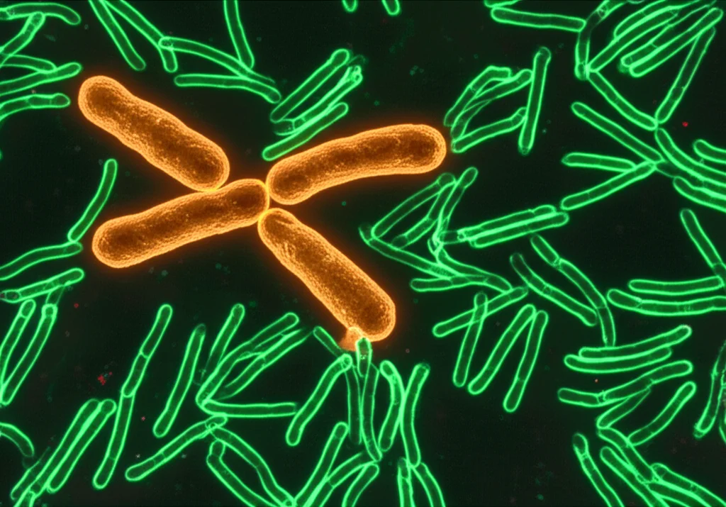 Immagine al microscopio fotorealistica di un batterio E. coli durante la divisione, con le proteine MinD (verde brillante fluorescente) concentrate ai poli e l'anello Z (arancione acceso) formato precisamente al centro della cellula. Obiettivo macro 105mm, alta definizione, messa a fuoco precisa sulla zona di divisione, illuminazione laterale drammatica che crea ombre e mette in risalto le strutture interne fluorescenti su sfondo scuro.