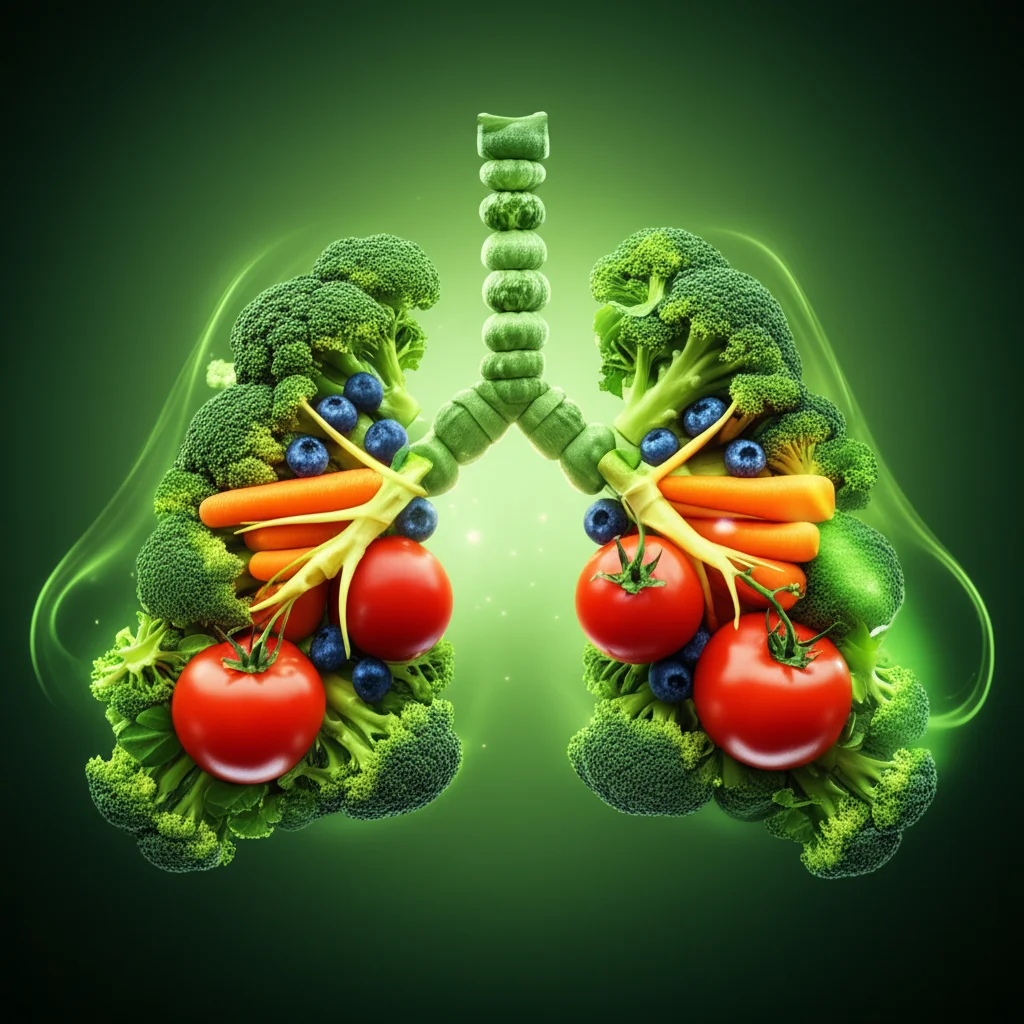 Immagine concettuale che mostra la connessione tra polmoni sani e una dieta ricca di frutta e verdura colorata. Potrebbe essere una composizione artistica con polmoni stilizzati formati da vegetali o con un flusso di antiossidanti che li protegge. Prime lens, 35mm, duotone verde e arancione, depth of field.