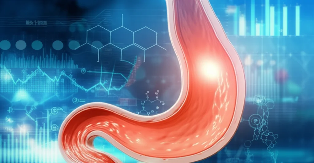 Immagine concettuale del tratto esofageo superiore umano con evidenziazione di una zona tumorale incipiente, visualizzata con tecnologia medica futuristica. Sfondo medico-scientifico astratto e leggermente sfocato con grafici e molecole. Illuminazione drammatica che mette in risalto l'area di interesse, lente macro 70mm per dettaglio anatomico, alta definizione dei tessuti. High detail, precise focusing.