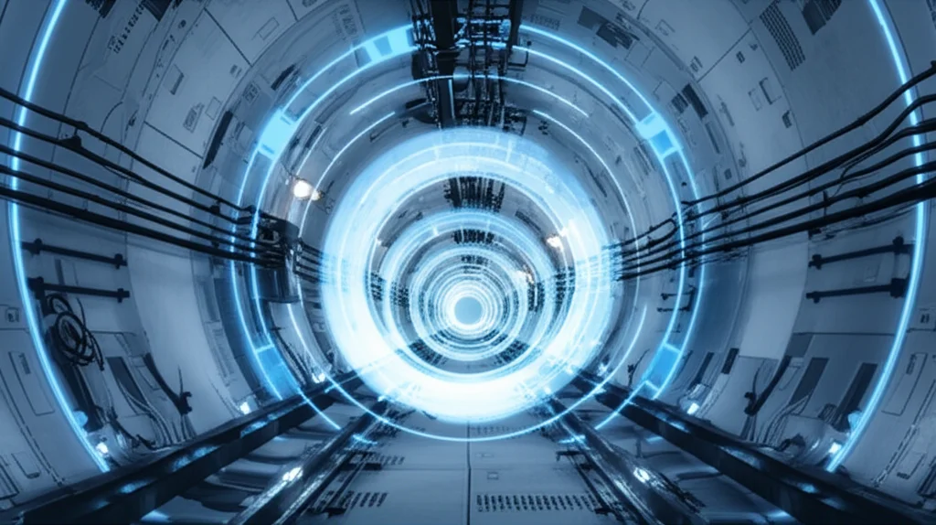 Immagine concettuale di un tunnel minerario con un'aura protettiva high-tech che simboleggia il nuovo metodo di supporto. Vista frontale del tunnel, obiettivo prime 24mm, con un leggero effetto 'depth of field' per mettere a fuoco l'ingresso del tunnel e l'aura, colori duotone blu e argento per un look futuristico e sicuro.
