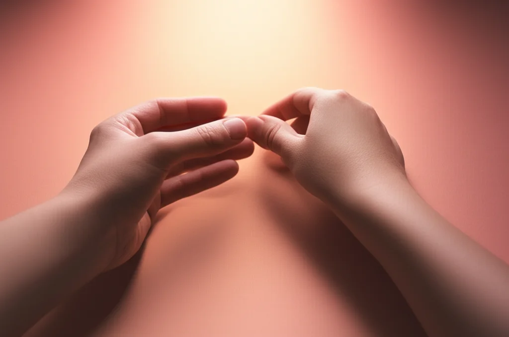 Immagine concettuale fotorealistica che simboleggia la guida e il supporto. Una mano adulta guida delicatamente una mano più piccola attraverso un labirinto stilizzato e colorato verso una luce calda e accogliente. Colori pastello, obiettivo prime 50mm, profondità di campo per mettere a fuoco le mani, evocando speranza e orientamento nel percorso dell'autismo e della salute mentale.