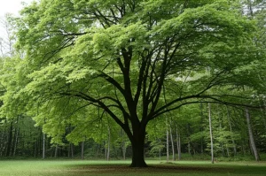 Immagine fotorealistica di un albero maturo di Eucommia ulmoides Oliver, diviso visivamente a metà: un lato rappresenta sottilmente caratteristiche maschili (crescita leggermente più robusta), l'altro femminili. Obiettivo grandangolare 24mm, luce naturale soffusa, focus nitido sull'albero contro uno sfondo di foresta leggermente sfocato, alta definizione.