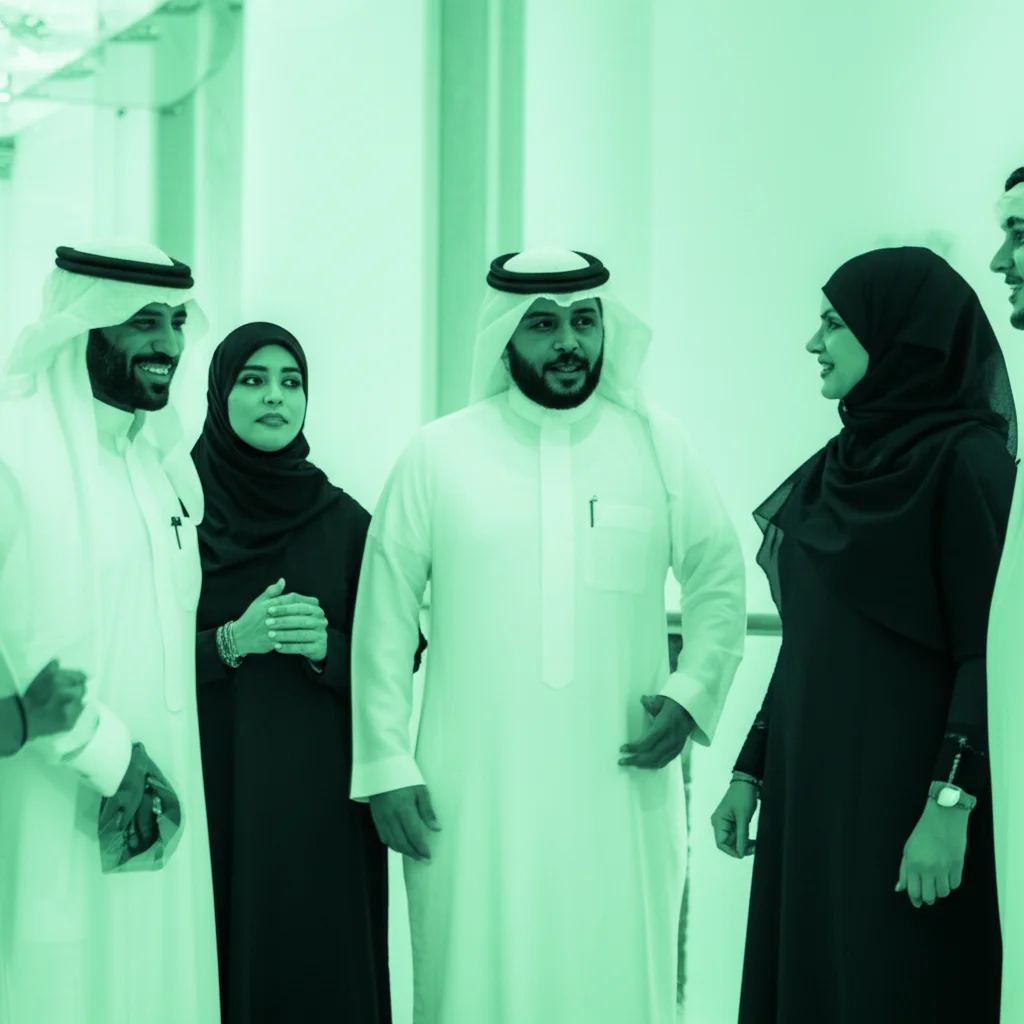 Immagine fotorealistica di un gruppo eterogeneo di persone in Arabia Saudita che interagiscono in un contesto moderno e luminoso, simboleggiando la qualità della vita e la salute della popolazione. Prime lens, 35mm, profondità di campo, luce naturale, duotone verde acqua e grigio.