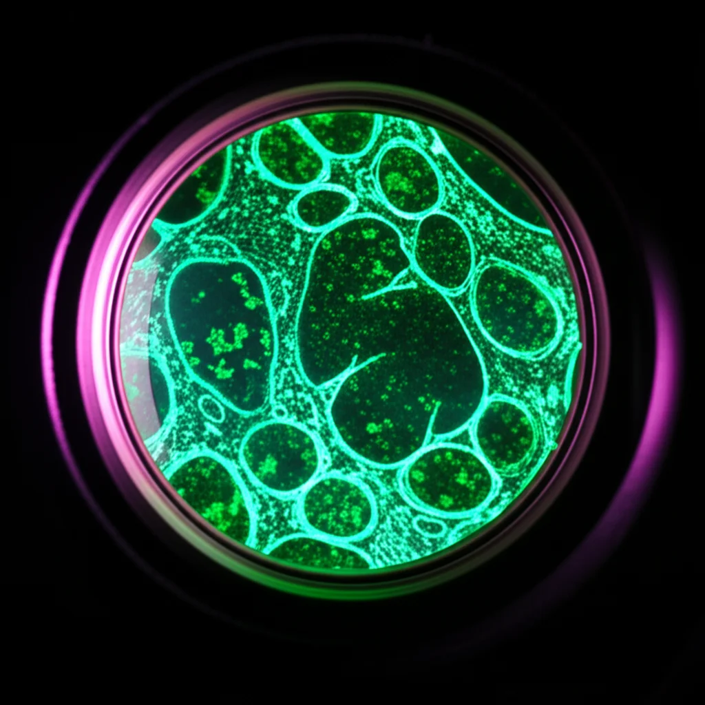 Immagine fotorealistica, lente macro, 105 mm, dettagli elevati, messa a fuoco precisa, illuminazione controllata. Un primo piano di un modello di illuminazione strutturato composito complesso e luminoso proiettato su un diapositiva contenente strutture cellulari marcate in modo fluorescente, accennando alla super-risoluzione. Duotone, Teal e Magenta, dando un'atmosfera futuristica e scientifica.