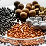 Objects, Macro lens, 100mm, High detail, Precise focusing, A close-up of a laboratory dish containing different types of food pellets, representing dietary studies.