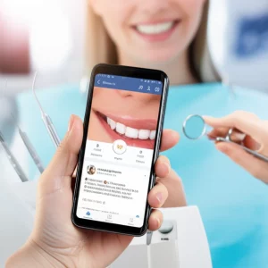 Primo piano di uno smartphone che mostra un'interfaccia di social media con post relativi alla salute orale, tenuto da mani curate. Sullo sfondo, strumenti dentistici sterilizzati e un sorriso sano e luminoso leggermente sfocato. Macro lens, 100mm, high detail, precise focusing, controlled lighting, bokeh sullo sfondo.