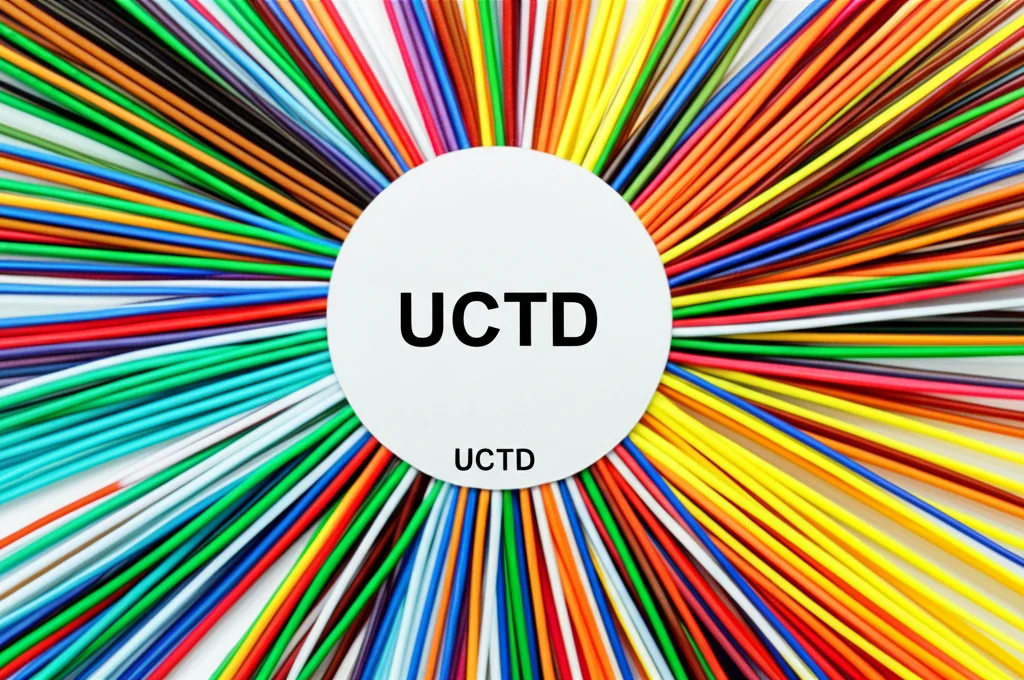 Scatto macro con obiettivo da 60mm, alta definizione e illuminazione controllata, che mostra fili colorati intrecciati simboleggianti diversi percorsi di malattia (evoluzione, stabilità, risoluzione) che partono da un punto centrale etichettato 'UCTD', rappresentando la complessità della diagnosi e dell'evoluzione della connettivite indifferenziata.